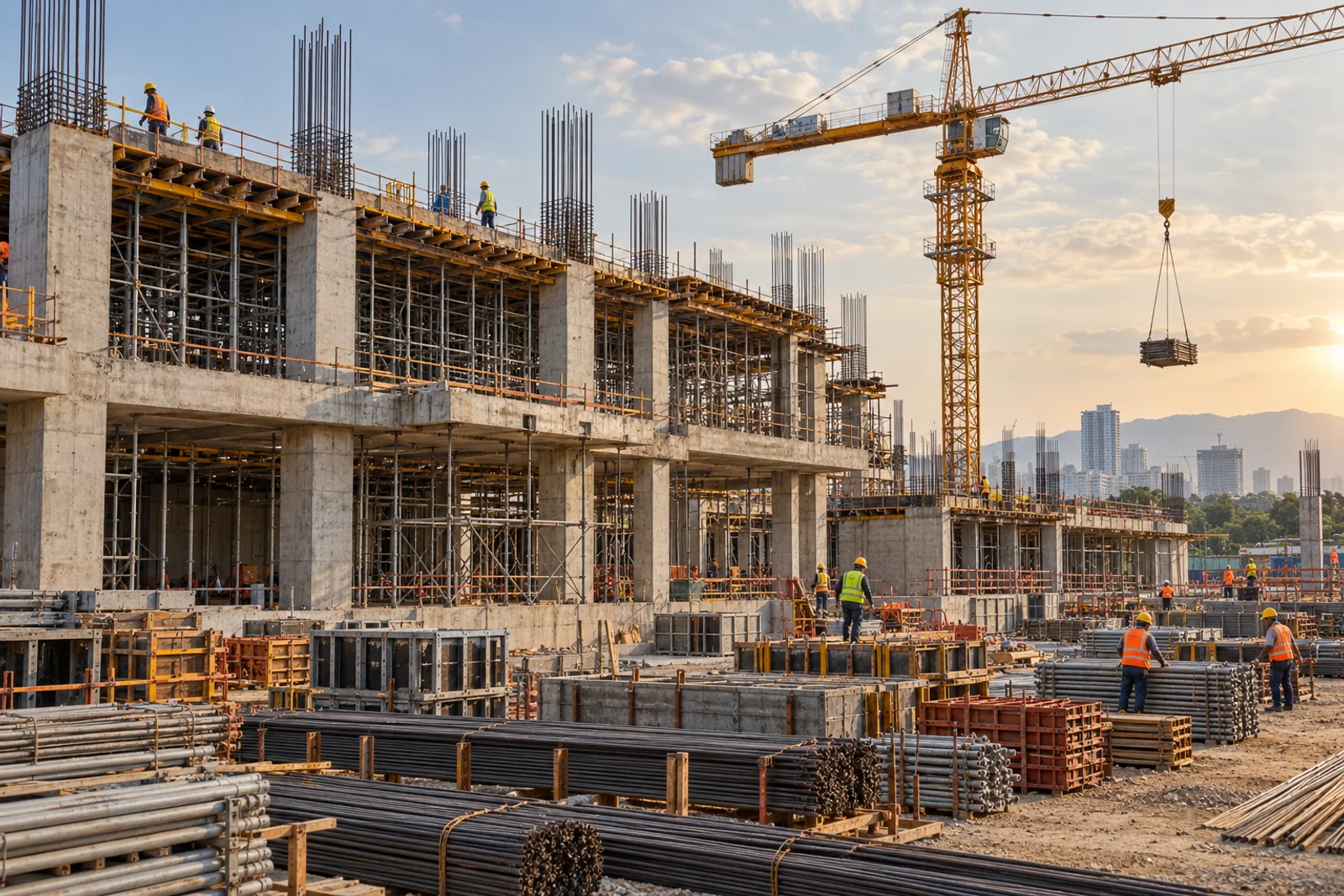 Illustrative construction site with concrete structure and tower crane